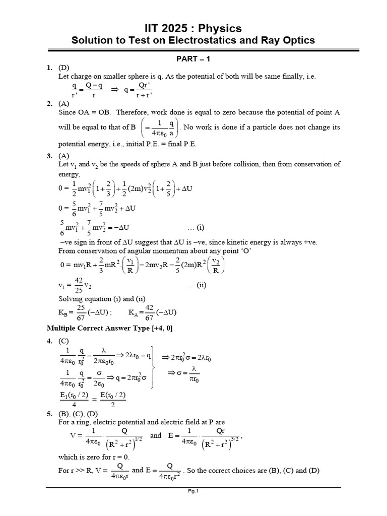 IIT 2025 Physics: Electrostatics Solutions | PDF | Momentum | Materials ...