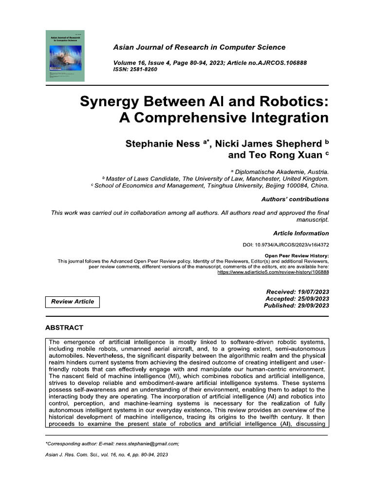 Synergy Between AI and Robotics: A Comprehensive Integration | PDF