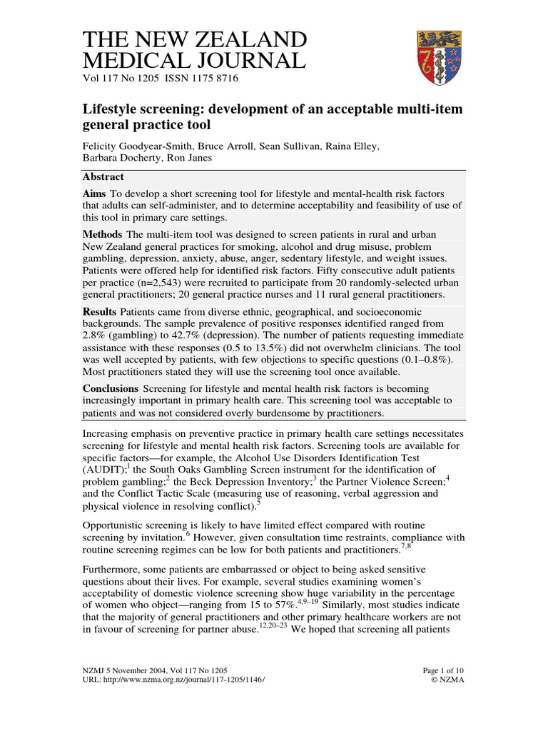 The new zealand medical journal lifestyle screening development of an