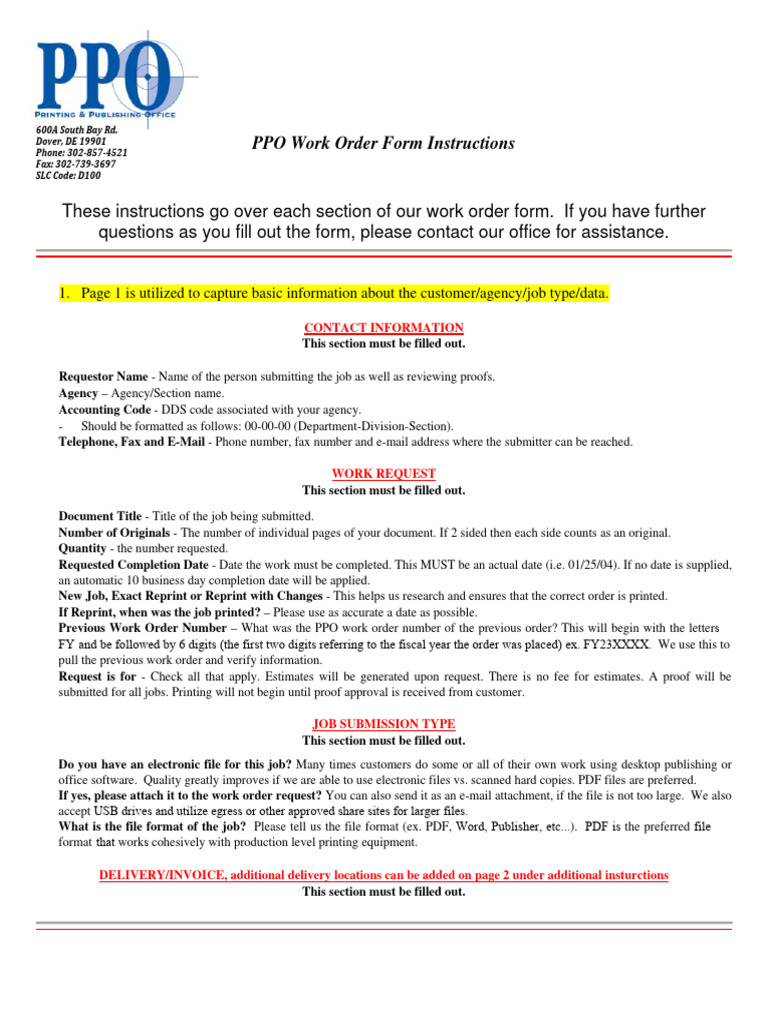 PPO Work Order Form Instructions Guide | PDF | Bookbinding | Books