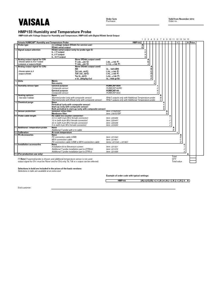 HMP155 Humidity & Temperature Probe Order Form | PDF | Electrical ...