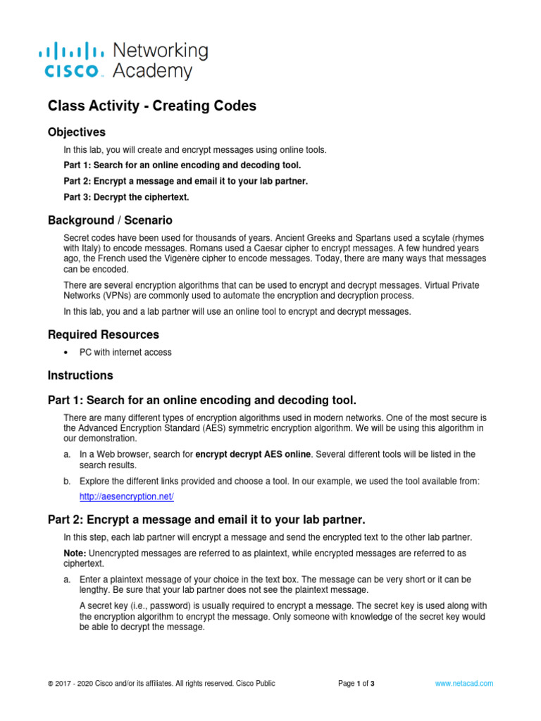 21.0.3 Class Activity - Creating Codes | PDF | Encryption | Key ...