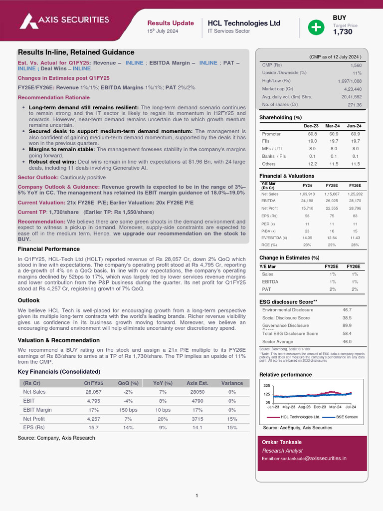 HCL Tech Q1FY25 Results Review | PDF | Securities (Finance) | Investing