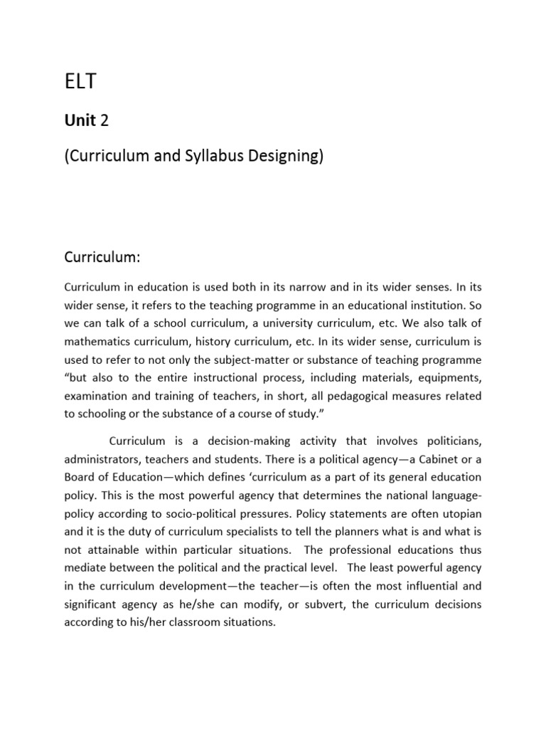 Curriculum Design in ELT: Unit 2 | PDF | Curriculum | Second Language
