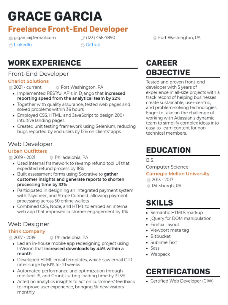 Front-End Developer Resume - Grace Garcia | PDF | World Wide Web ...