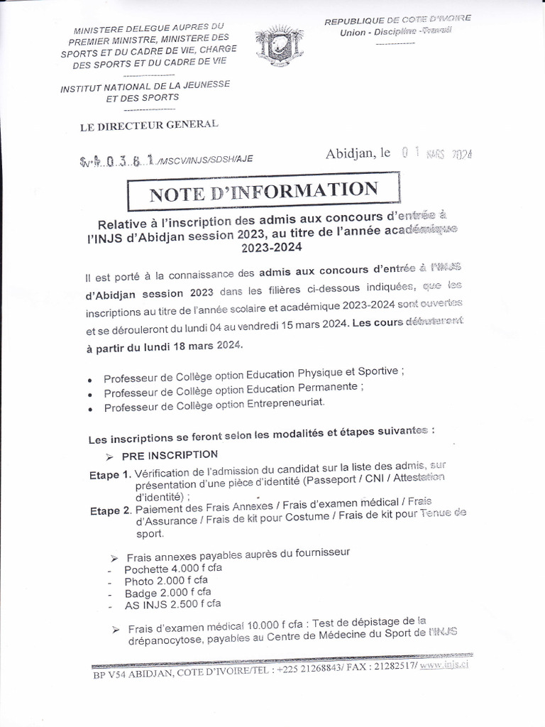Inscription et Bourse INJS 2023-2024 | PDF