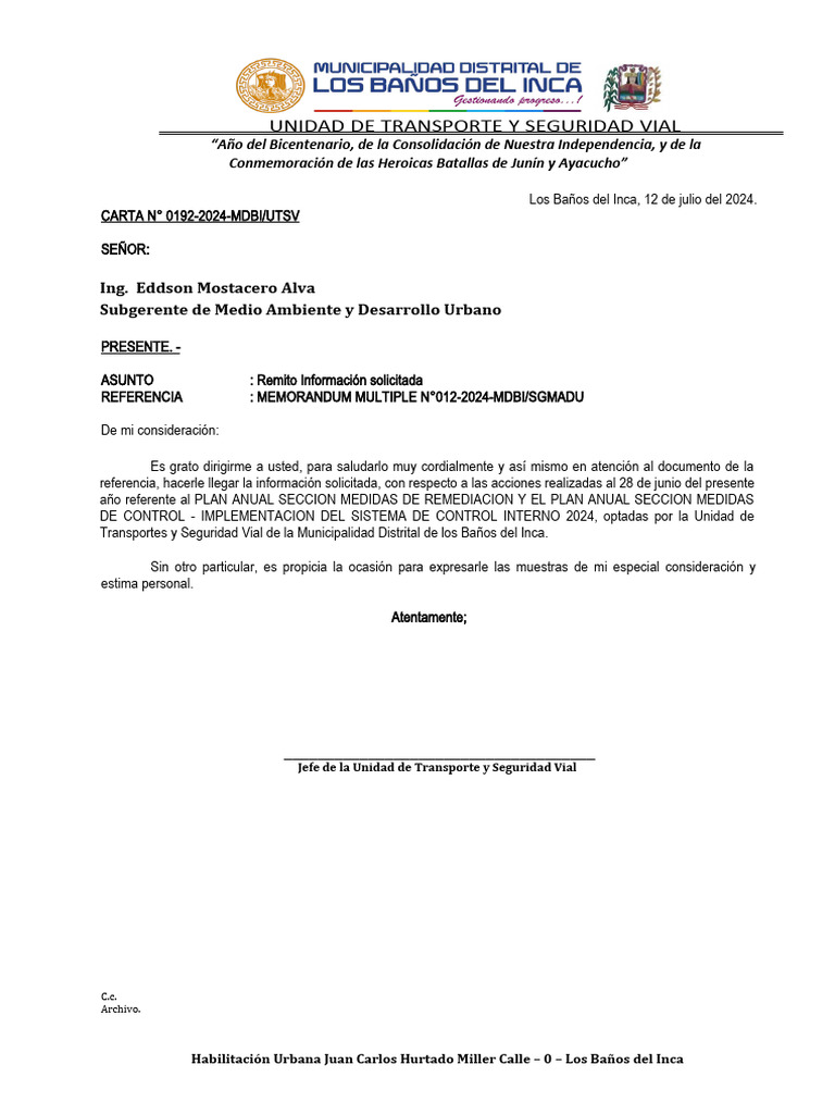 Carta N°0192-2024 - Plan Anual de Control y Remediacion Act. | PDF ...
