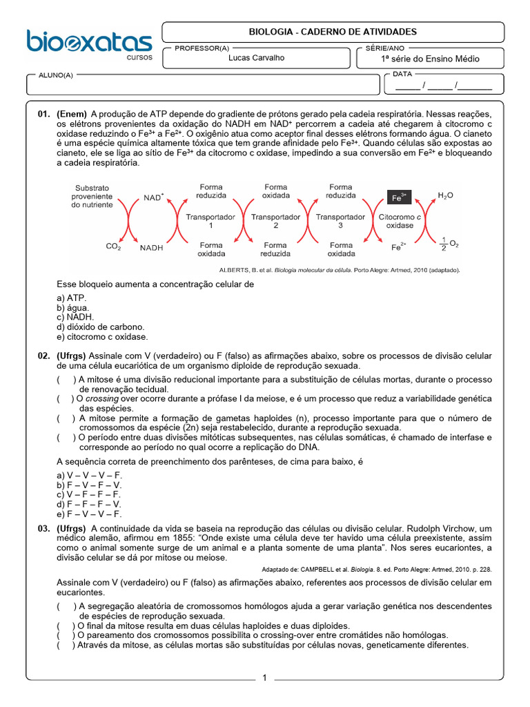 Atividades de Biologia para Ensino Médio | PDF | Meiose | Mitose