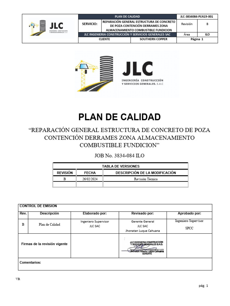 Plan de Calidad JLC para Reparación de Concreto | PDF | Calidad ...