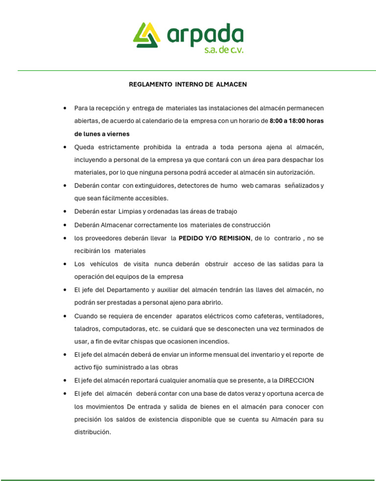 Reglamento Interno de Almacén | PDF