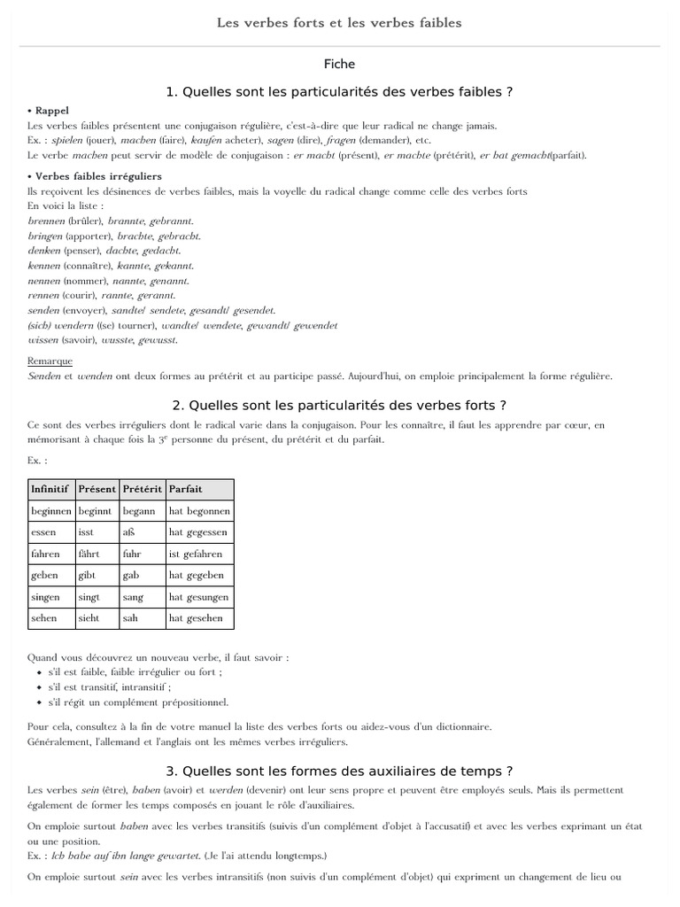 TST2S Allemand Les Verbes Forts Et Les Verbes Faibles PDF