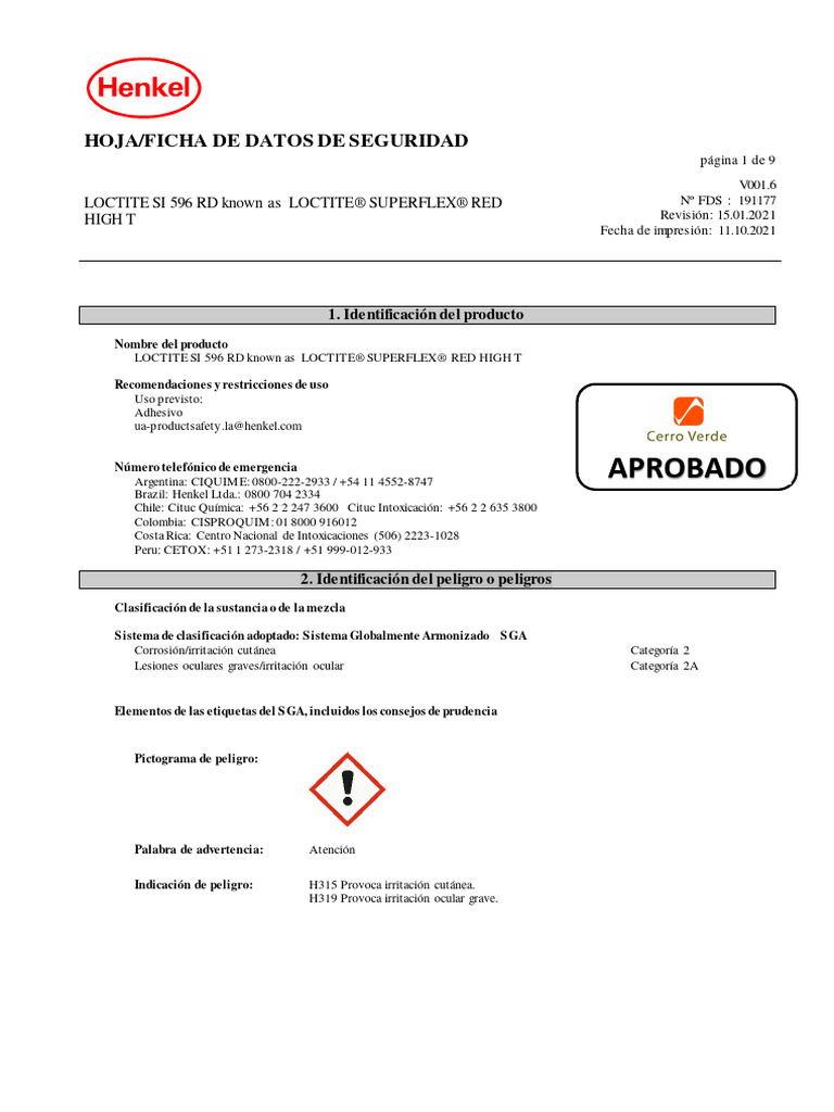 Loctite Superflex Red: Ficha de Seguridad | PDF | Agua | Solvente