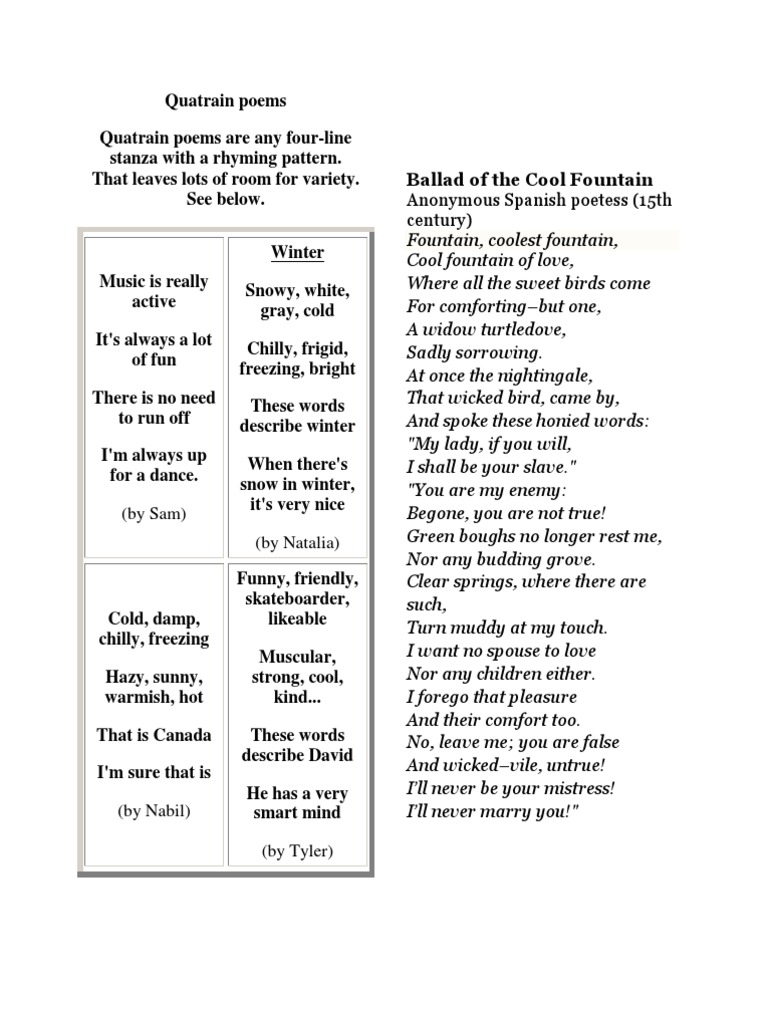Examples of Quatrain Poems | PDF | Stanzaic Form | Poetry