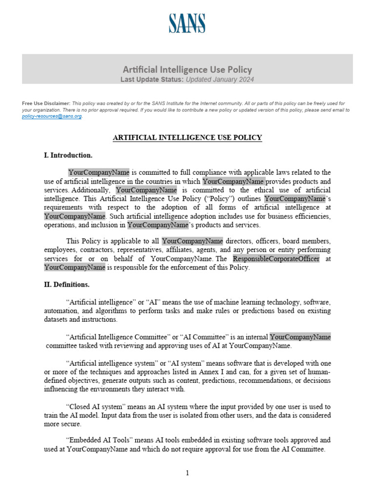 AI Use Policy for YourCompanyName | PDF | Artificial Intelligence ...