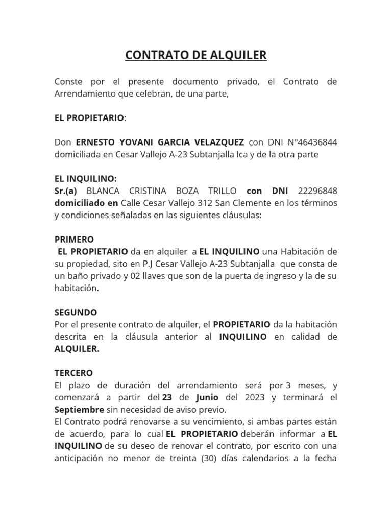 Contrato de Alquiler | PDF | Finanzas y administración del dinero