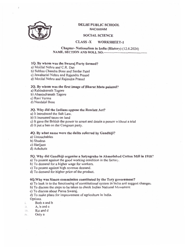 Nationalism in India: Class 10 Worksheet | PDF | Mahatma Gandhi ...
