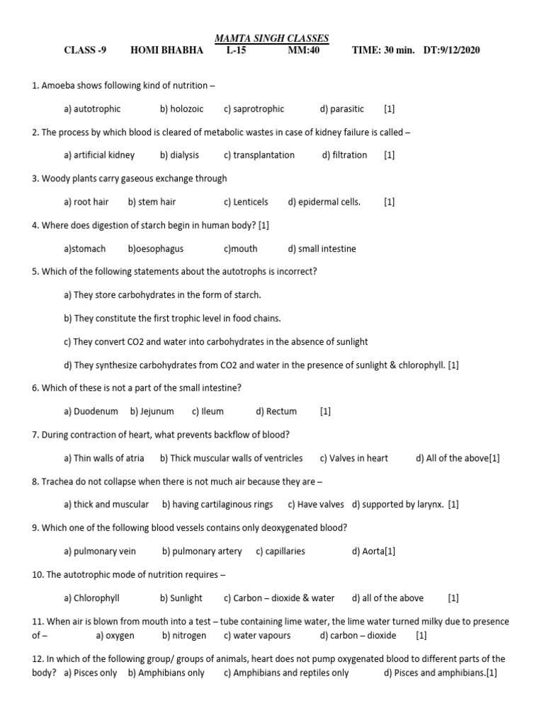 Class 9 Biology Quiz Questions | PDF | Animal Anatomy | Human Anatomy