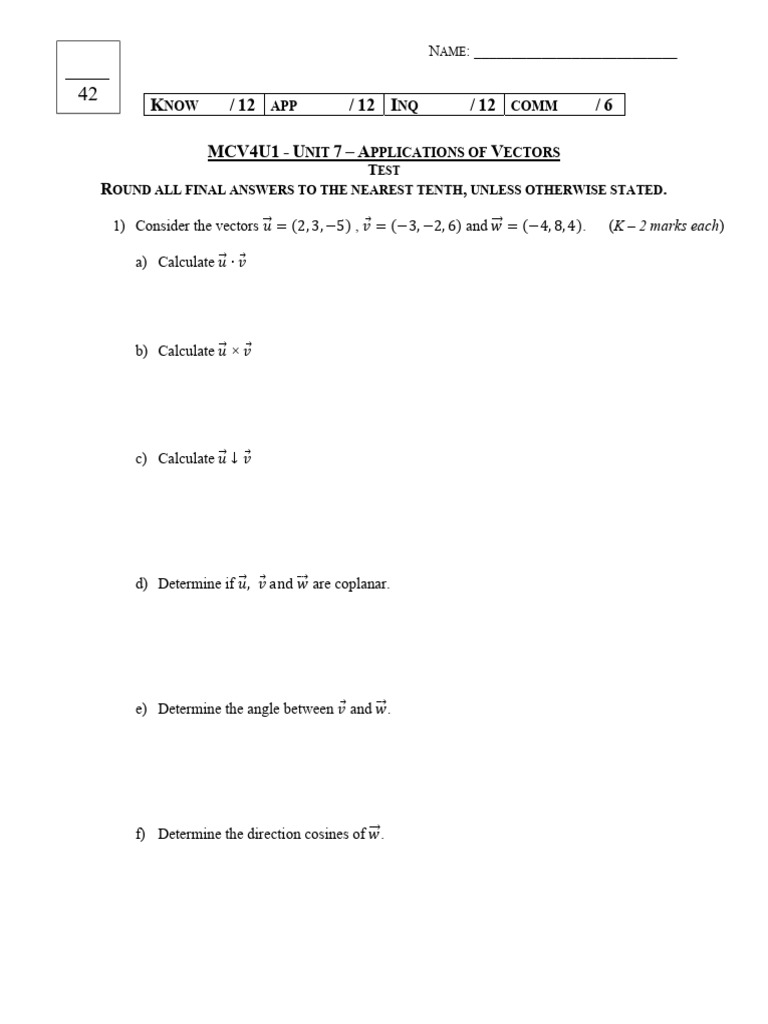 Applications of Vectors Test Guide | PDF | Euclidean Vector | Motion ...