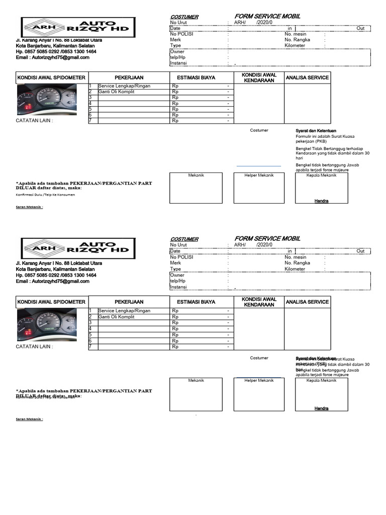 Formulir Servis Mobil Pelanggan | PDF