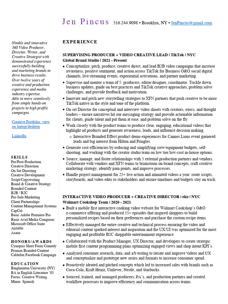 Jen Pincus Resume 2024 | PDF | Marketing | Brand