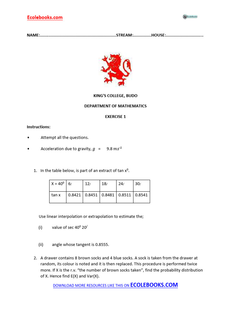 King's College Math Exercise 1 | PDF | Statistical Theory