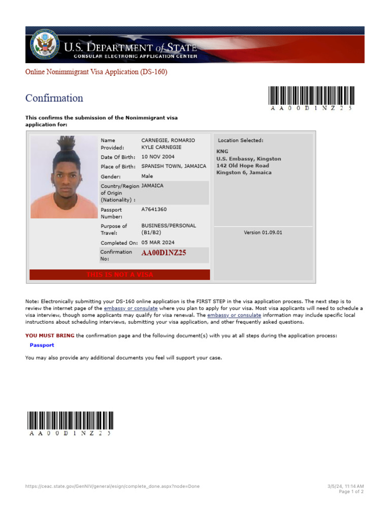 DS-160 Visa Application Confirmation | PDF | Travel Visa | Fingerprint