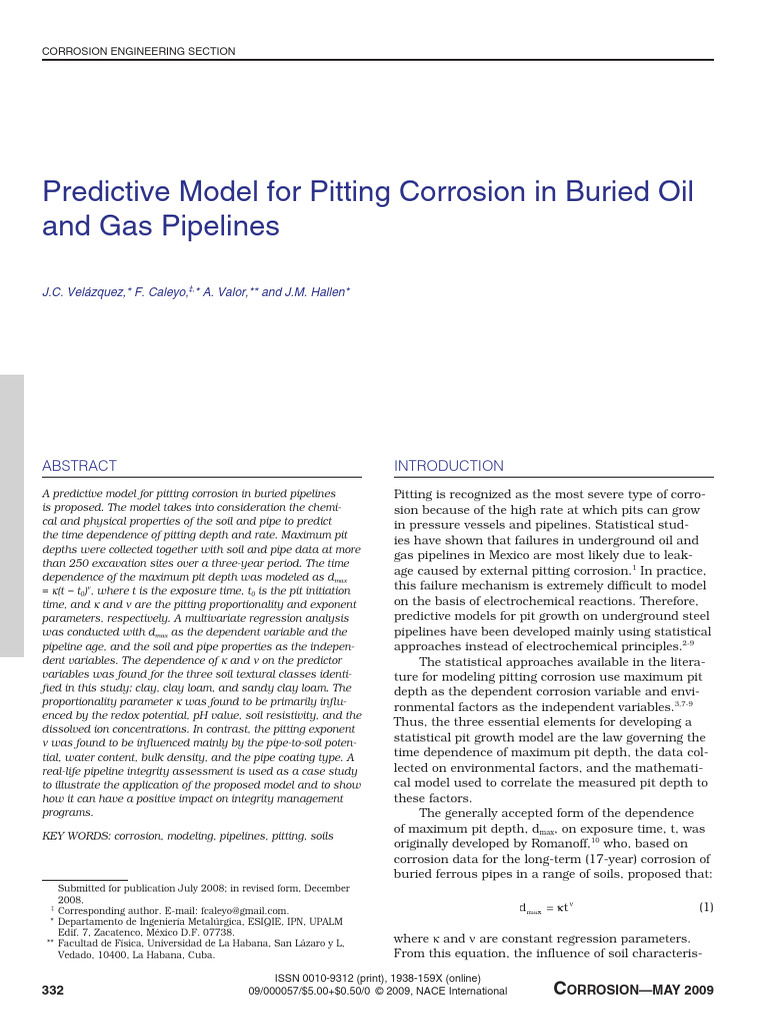 Predictive Model For Pitting Corrosion in Buried Oil and Gas Pipelines ...