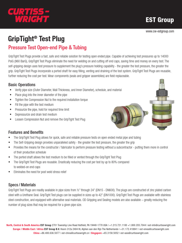 MK0034 GripTight Test Plug Tech Brief | PDF | Pipe (Fluid Conveyance ...