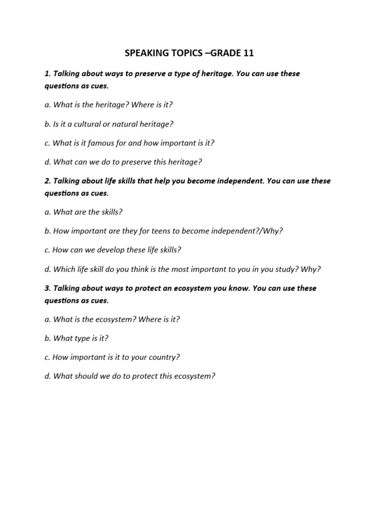 Grade 11 Speaking Topics Guide | PDF