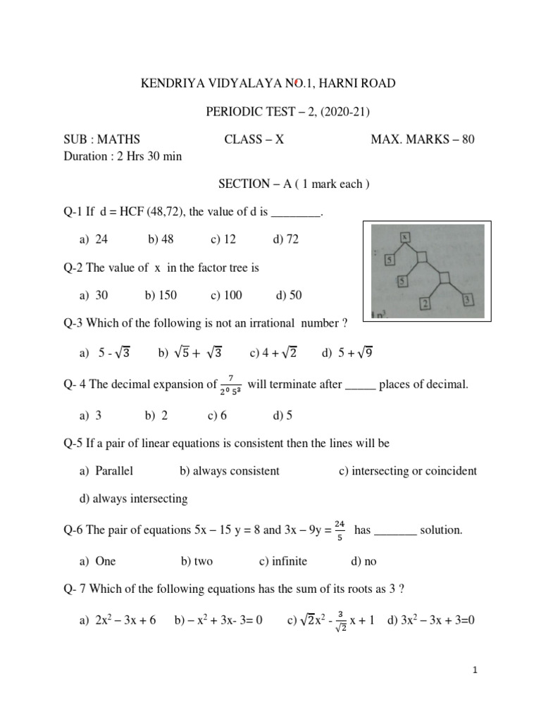 Class X Maths Periodic Test 2020-21 | PDF | Zero Of A Function | Equations