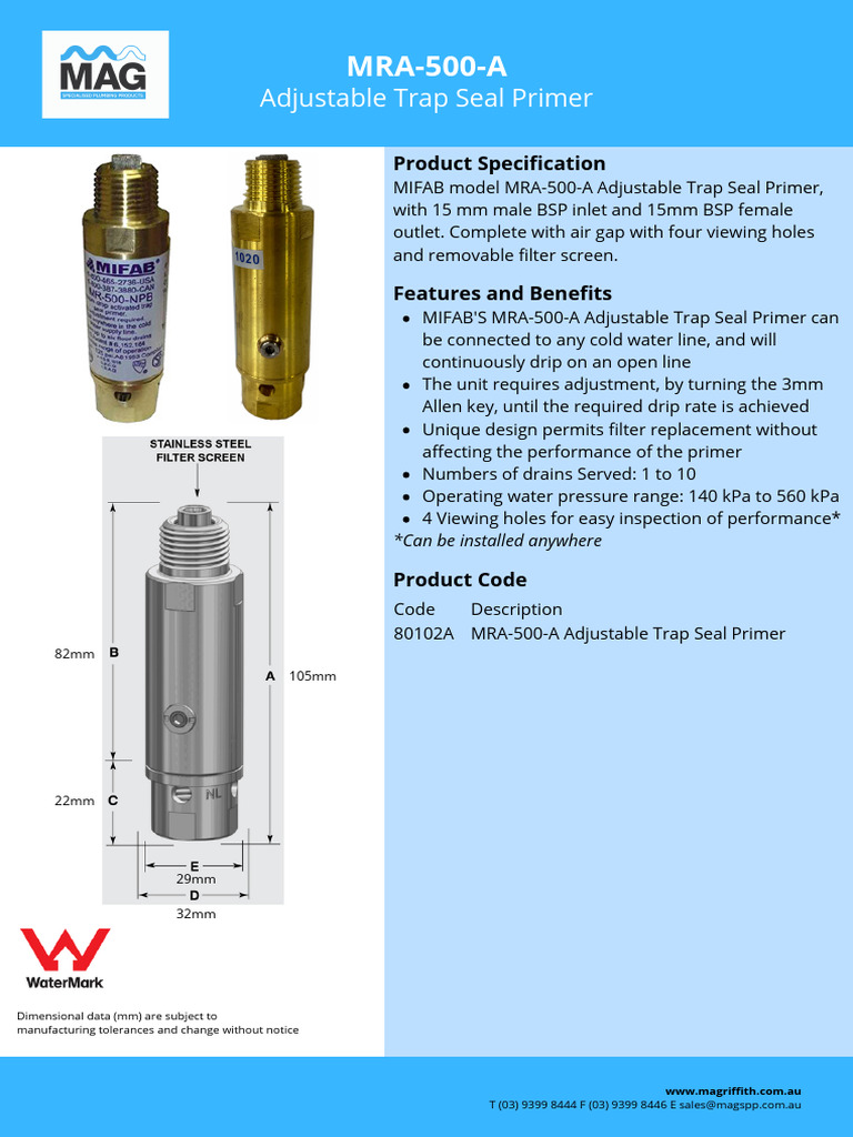 2.MRA500A Adjustable Trap Seal Primer PDF