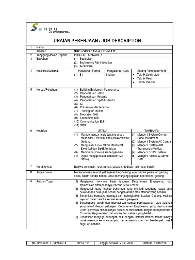 Job Description Supervisor Area Engineer | PDF