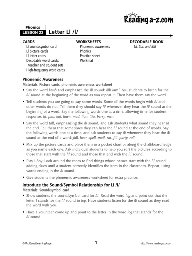 Lesson 23 Consonant Ll | PDF | Phonics | Learning Methods