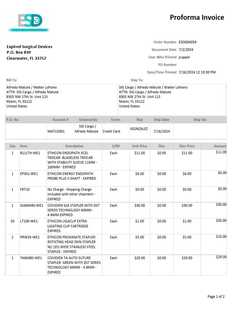 Proforma Invoice for Expired Surgical Devices | PDF | Payments