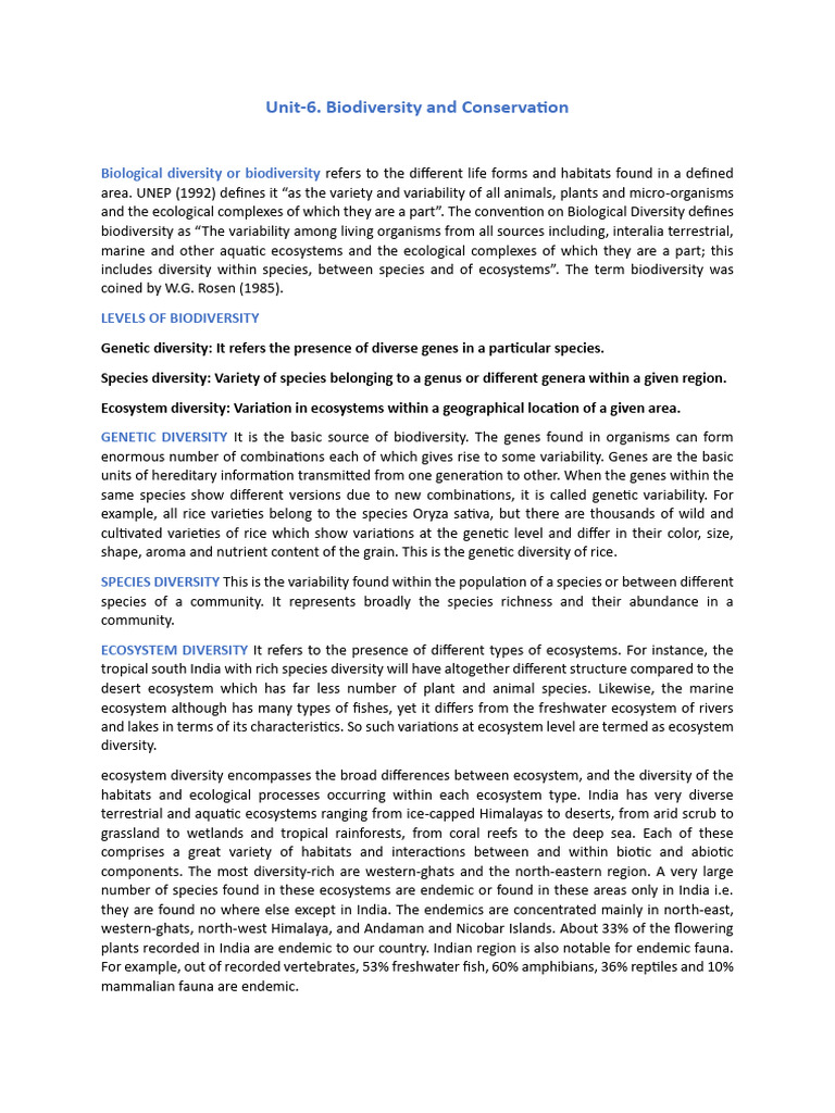Unit-6 Biodiversity Conservation | PDF | Biodiversity | Conservation ...