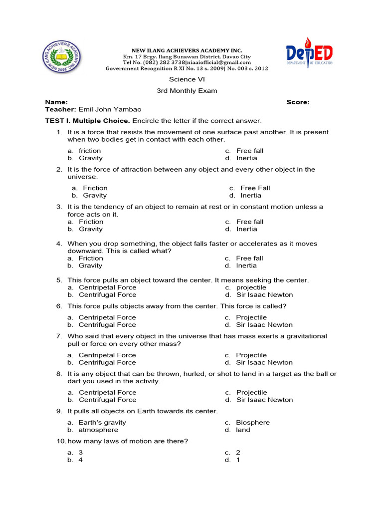 Science VI 3rd Monthly Exam Guide | PDF | Force | Gravity