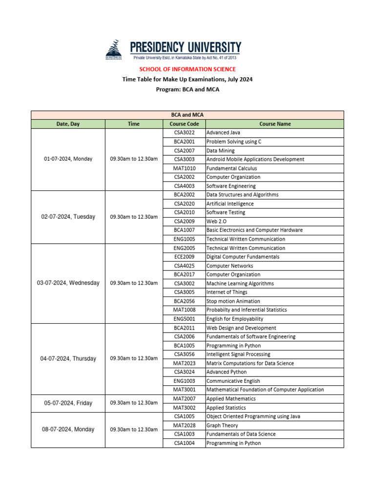 BCA/MCA July 2024 Exam Schedule | PDF | Data Science | Computer Programming