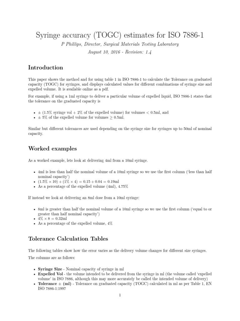 Syringe Tolerance Calculations ISO 7886-1 | PDF | Metrology