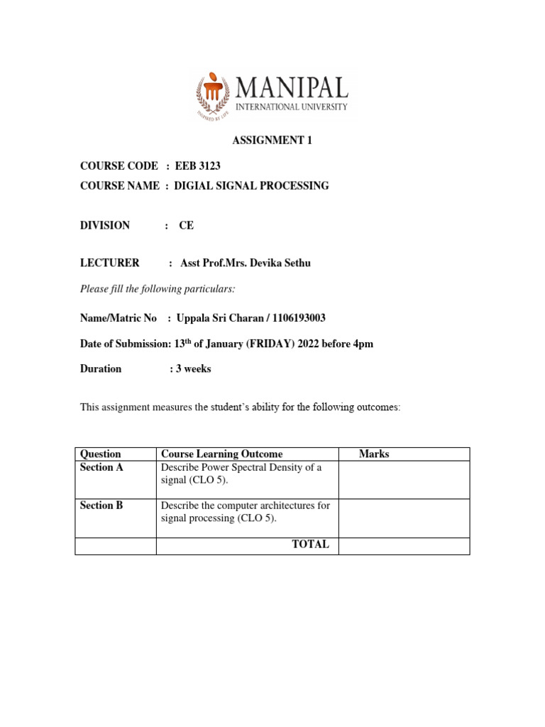 Uppala Sri Charan DSP Assignment | PDF | Stationary Process | Spectral ...