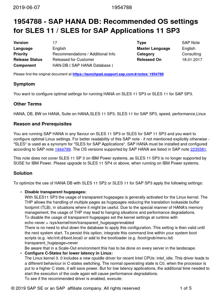 Sap hana db recommended os settings pdf booting device driver