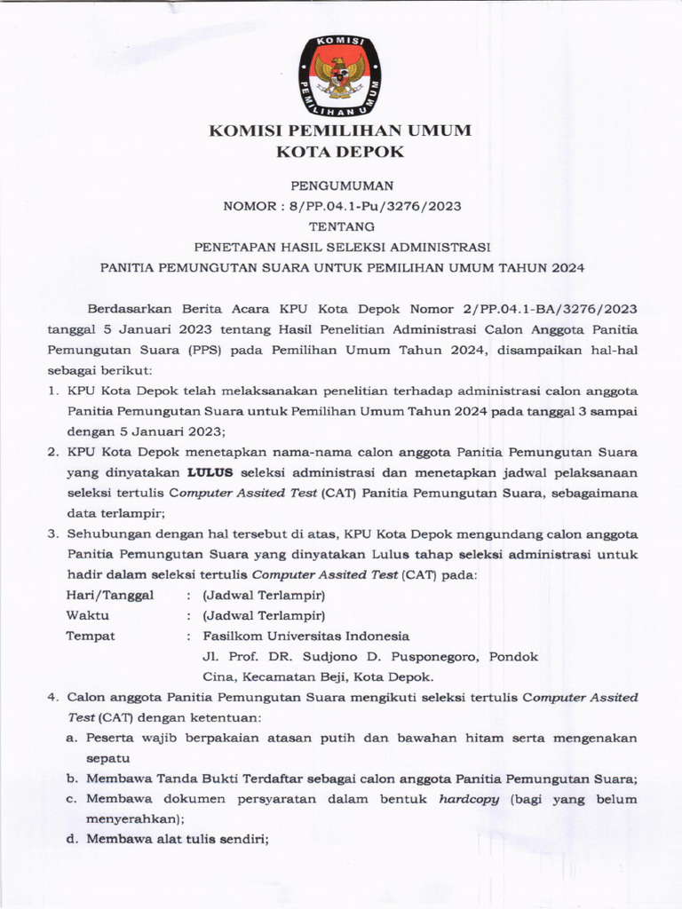 8 Pengumuman Hasil Seleksi Administrasi Pps Tahun 2024 Pdf