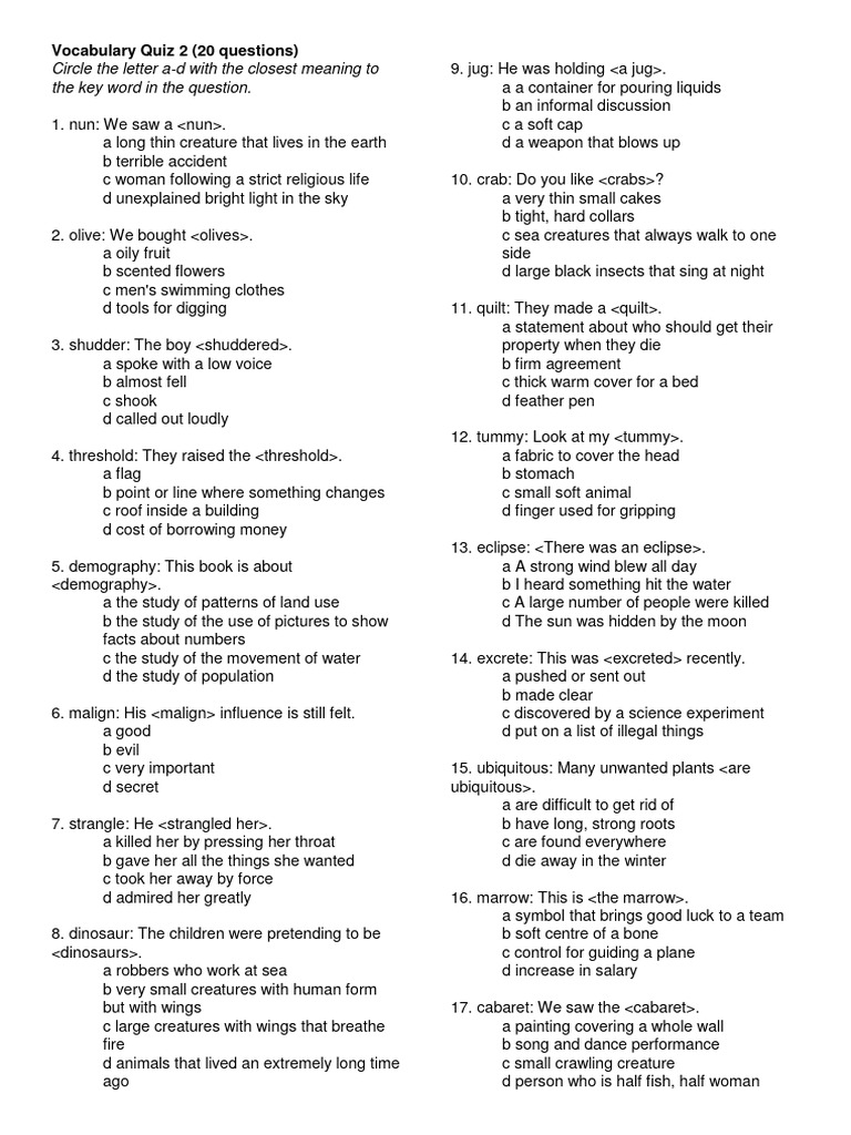 Vocabulary Quiz 2 | PDF | Young Adult