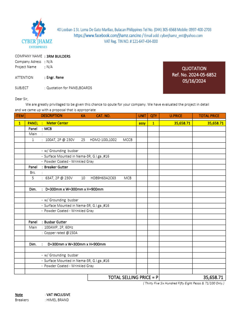Quotation for Panelboards by 3RM Builders | PDF | Business