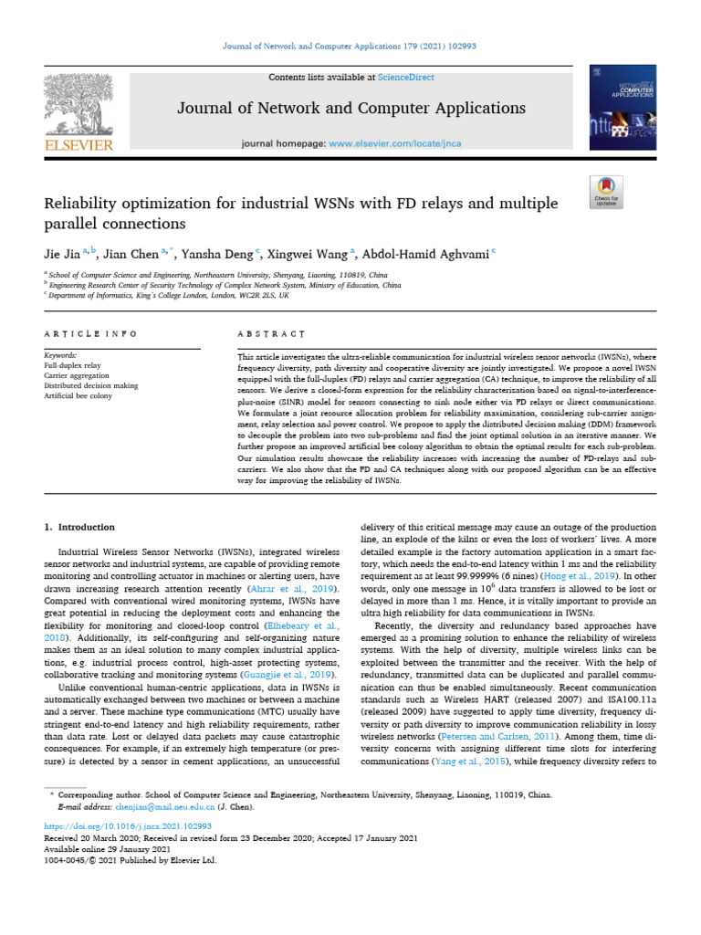 Reliability Optimization For Industrial WSNs Wit - 2021 - Journal of ...