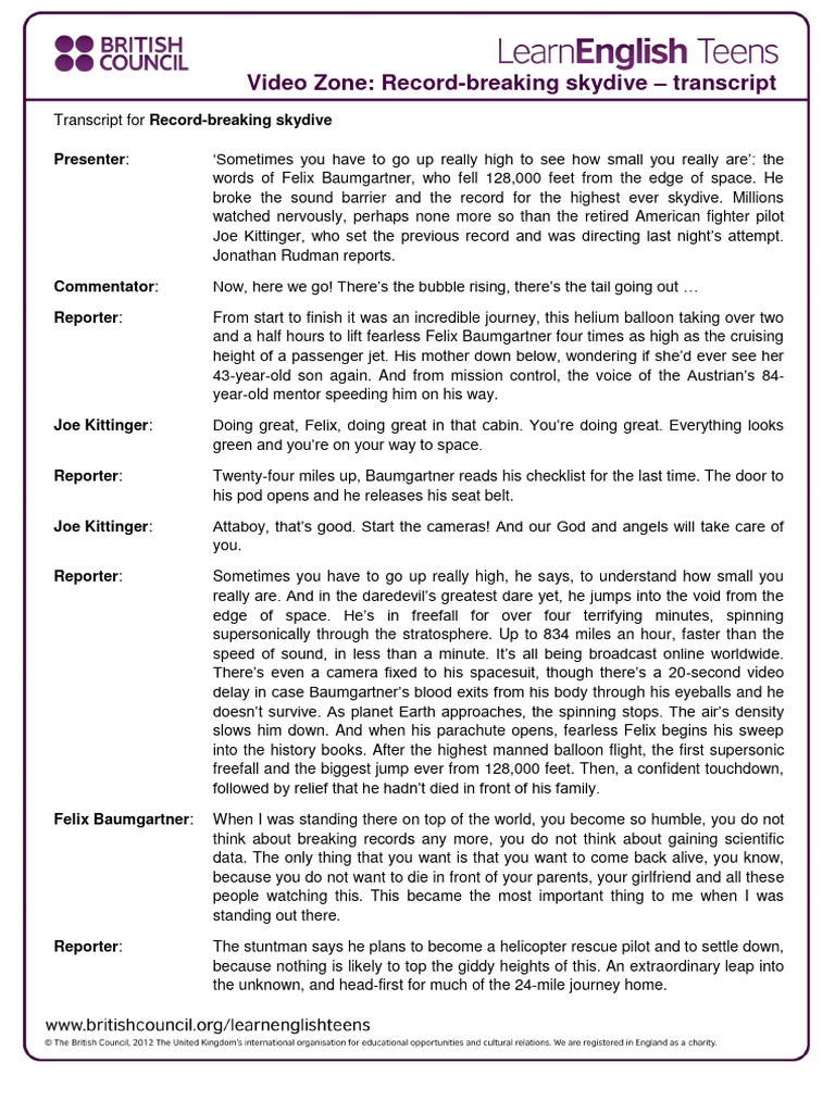 Record-Breaking Skydive Transcript | PDF | Aviation | Aeronautics