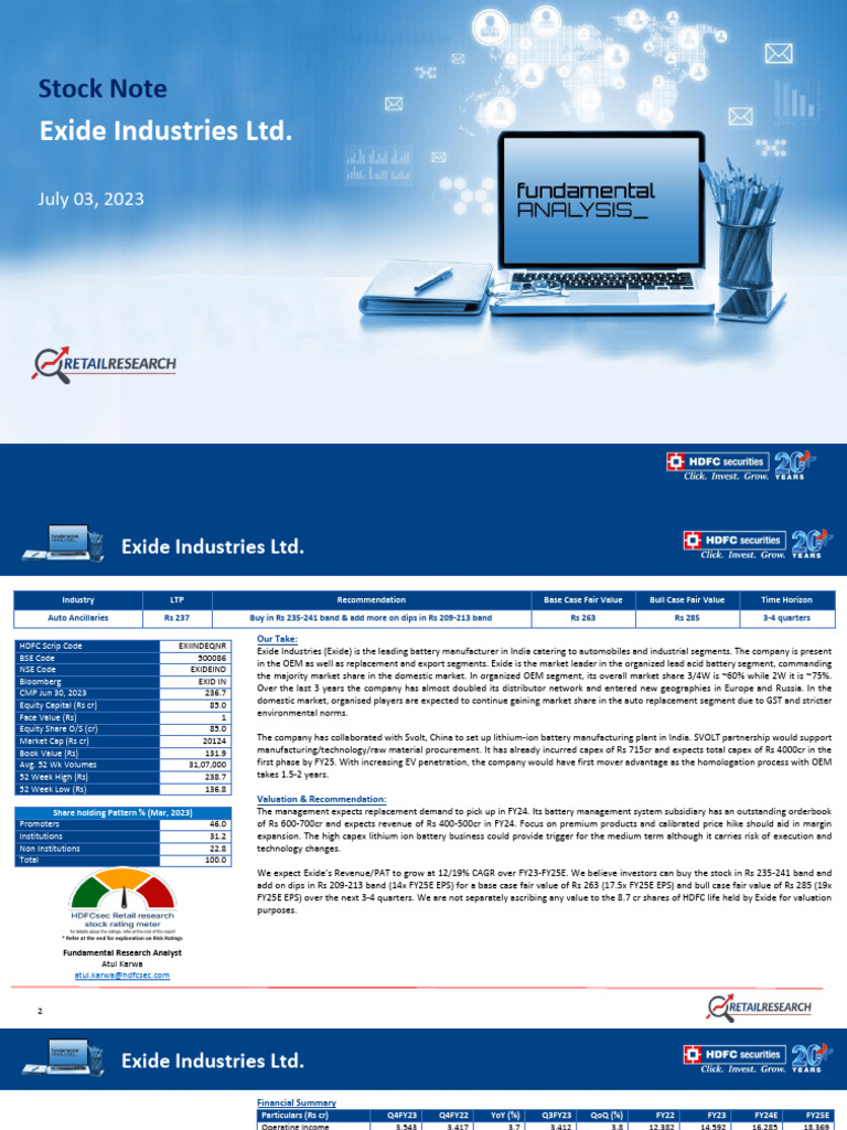 Exide Industries - Stock Note - 030723 | PDF | Securities (Finance ...