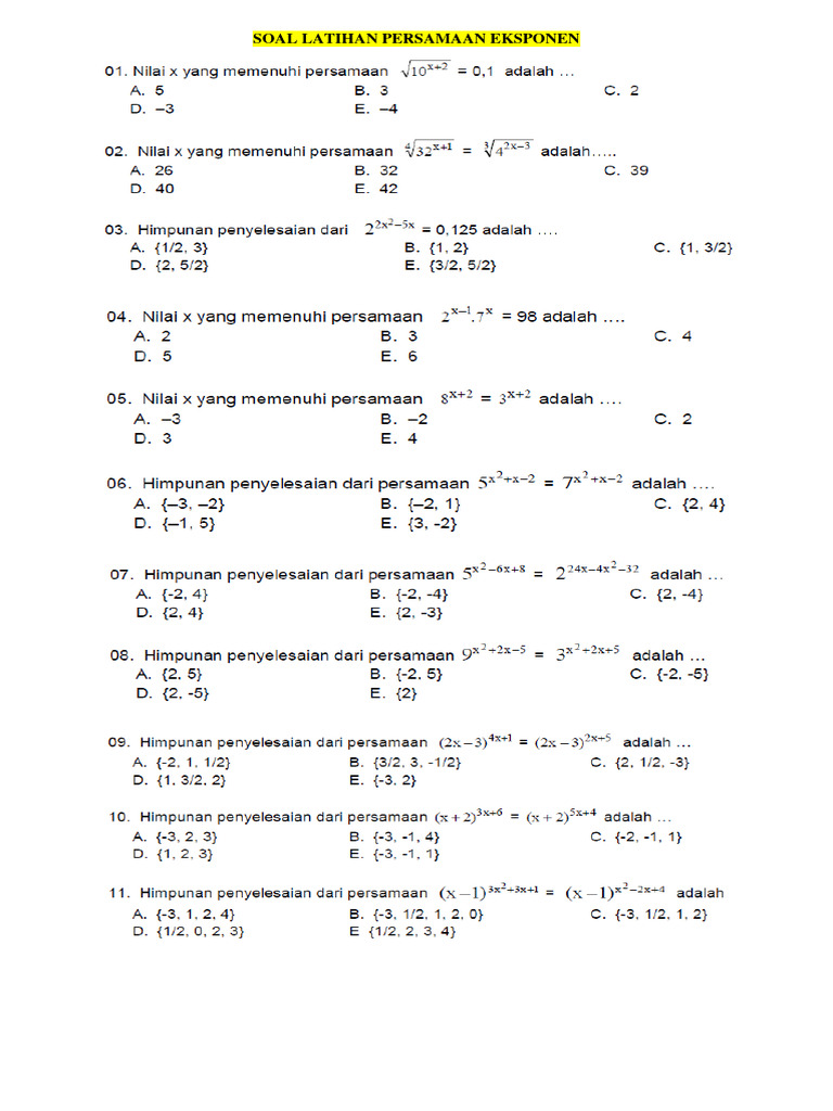 Soal latihan persamaan dan pertidaksamaan eksponen kelas 10 pdf