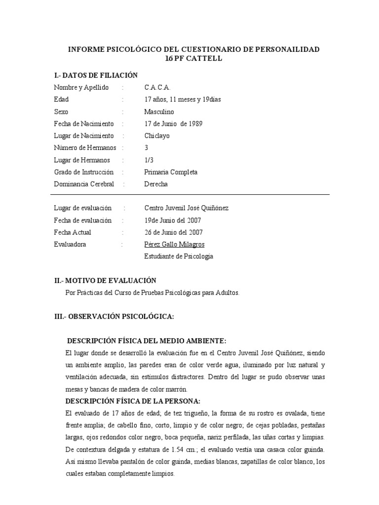 INFORME PSICOLÓGICO DEL CUESTIONARIO DE PERSONAILIDAD 16