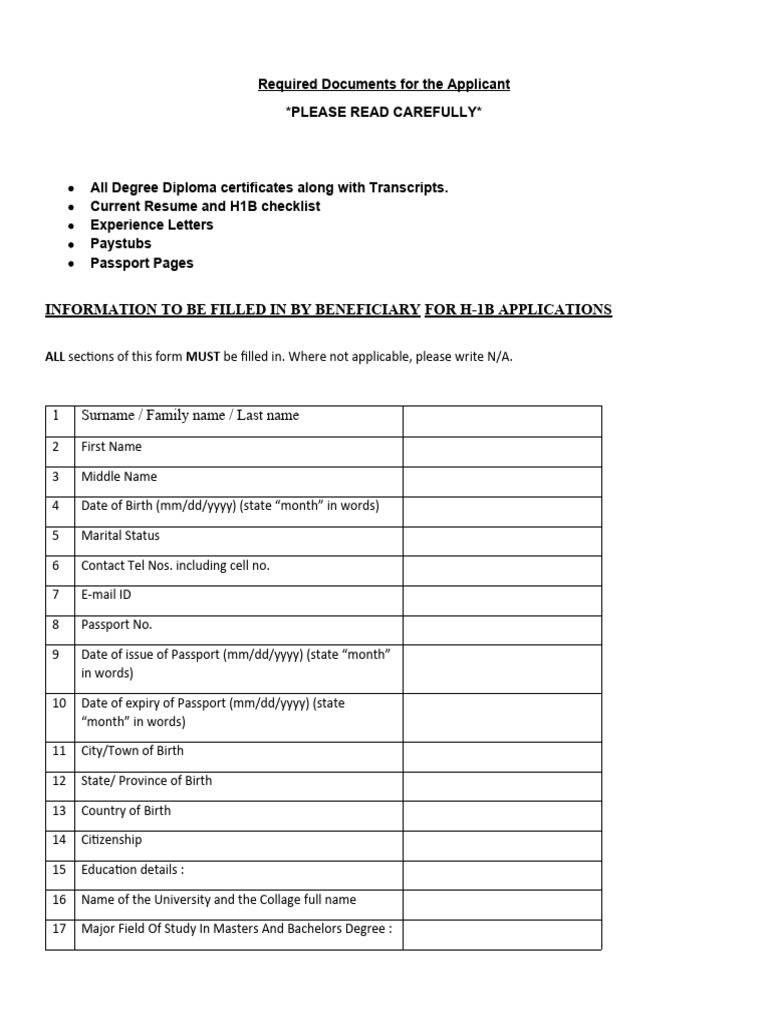 H-1B Application Document Checklist | PDF