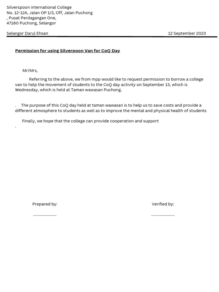 Van Permission Request for CoQ Day | PDF | Career & Growth